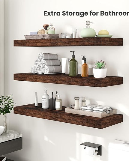 Heimlove 24 x 12 Inch Deep Floating Shelves Wall Mounted with Invisible Brackets,Storage Hanging Shelf for Wall Decor in Bathroom, Bedroom, Kitchen, Living Room, Office Set of 2 (Rustic Brown)