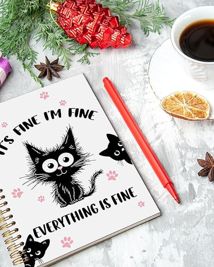 Funny Black Cat Spiral Notebook Journal 5.5x8.3, It's Fine I'm Fine Humorous Journal for Women, Cat Office Supplies, Funny Gifts for Coworker Women Journals Notebooks