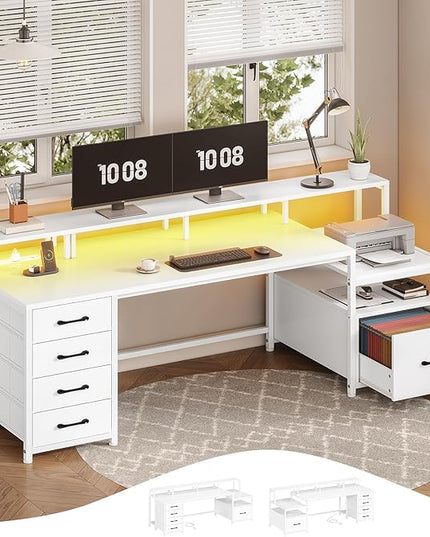 SEDETA White Computer Desk with 5 Drawer & Power Outlet, 75'' Home Office Desk with File Drawer, Storage Shelves, Printer Cabinet and Monitor Shelf, Gaming Desk with Led Lights, 23.6" W Desktop