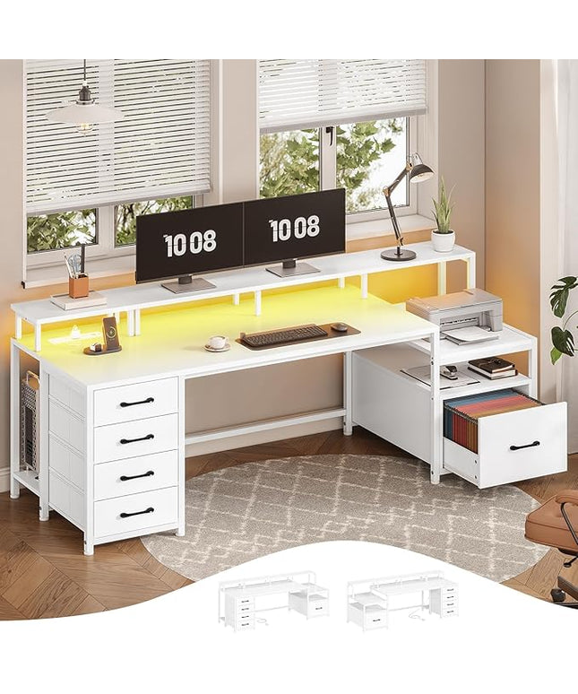 SEDETA White Computer Desk with 5 Drawer & Power Outlet, 75'' Home Office Desk with File Drawer, Storage Shelves, Printer Cabinet and Monitor Shelf, Gaming Desk with Led Lights, 23.6" W Desktop