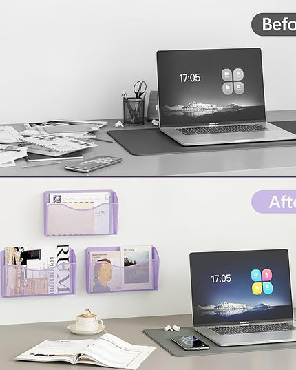 EasyPAG 3 Single Pocket Wall File Organizer, Mesh Hanging File Folder Organizer for Letter/A4 Size Folders, Wall Mounted Vertical Mail Holder for Paperwork, Office, Home, School, Purple