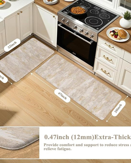 Collive Anti Fatigue Mats for Kitchen Floor, Abstrac Non Slip Kitchen Rugs Sets of 2 Cushioned Modern Desk Mat, Waterproof Comfort Standing Mat for Sink, Home Decor, 20" x 47" + 20" x 32", Beige/Cream