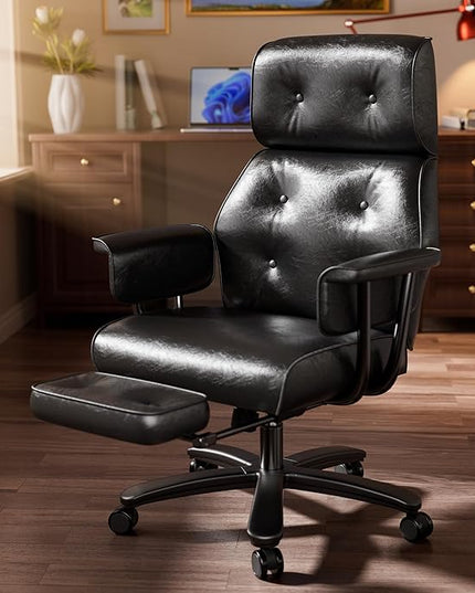 Criss Cross Chair with Wheels and Arms, Reclining Office Chair with Footrest and Wide Seat, Leather Big and Tall Desk Chair 400LBS, Button Tufted Vintage Design, Black