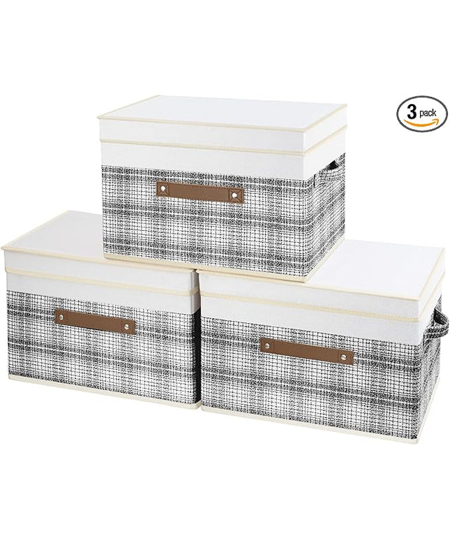 TYEERS Collapsible Storage Bins with Lids, Patchwork Design, Washable, Fabric Storage Boxes, 14.9x9.8x9.8 inches, 3 Pack, Gray