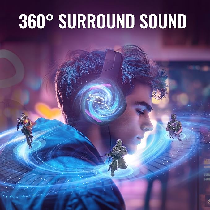 BINNUNE 2.4GHz Wireless Gaming Headset, Bluetooth 5.3 Gaming Headphones with Noise Canceling Mic, 120H Ultra-Long Battery, 50mm Drivers, Multi-Platform for PC / PS5 /PS4/ Switch/Mobile, Purple