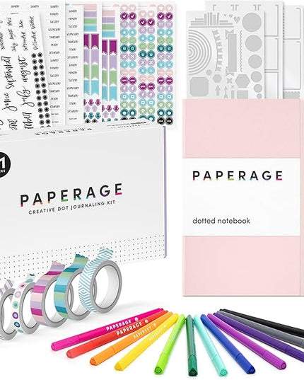 PAPERAGE Bullet Style Journal Kit, Dotted Journaling Set & Stationary Kit, Hardcover Dotted Journal Notebook (Blush), 12 Fineliner Pens, 8 Sticker & 4 Stencil Sheets, 6 Washi Tapes