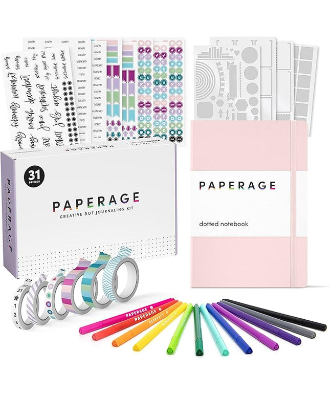 PAPERAGE Bullet Style Journal Kit, Dotted Journaling Set & Stationary Kit, Hardcover Dotted Journal Notebook (Blush), 12 Fineliner Pens, 8 Sticker & 4 Stencil Sheets, 6 Washi Tapes