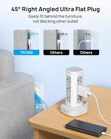 TROND Surge Protector Power Strip Tower - 15ft Flat Plug Extension Cord with Multiple Outlets, 4 USB Ports, Vertical Charging Station, 1700 J, Home Office Desk Supplies, Dorm Room Essentials, White