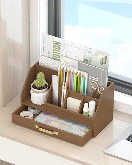 Wisuce Essentials Bamboo Desk Organizer with Drawers, Mail Organizer Countertop Wood Desk Drawer Tabletop Storage Organization Pen Holder Letter Sorter Makeup Organizer for School Home Office (Brown)
