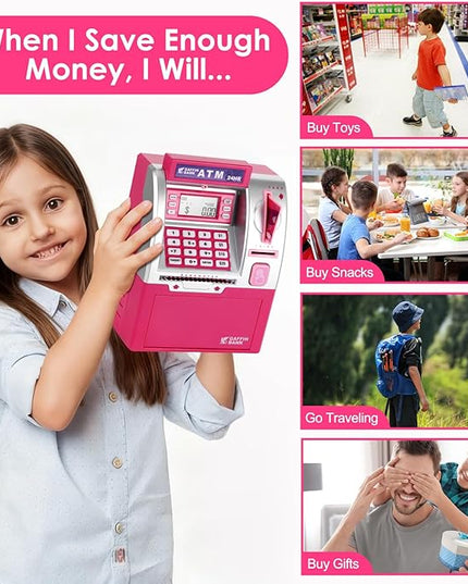 ATM Piggy Bank with Card and Password, Electronic Savings Bank Machine for Real Money, Mini ATM Coin and Cash Deposit Box with Target Setting, Clock and Sound – Pink Dollar Edition
