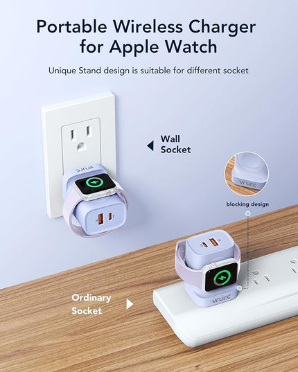 VRURC Charger for iPhone & Apple Watch, 20W USB C Fast Charging Block, 3-in-1 Compact Travel Adapter with 2 Port for iPhone 17/16/15/14/13, Wireless Magnetic for iWatch SE/11/10/9/8/7/6/5/4-Purple