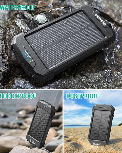 BLAVOR Solar Power Bank 10,000mAh, Portable Wireless Charger, 20W Fast Charging External Battery Pack with USB C for Cell Phones, Solar Panel Charging with Dual Flashlight for Camping