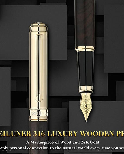 BEILUNER 316 Fountain Pen,Stunning Luxury Blackwood,24K Gilded Nib(Medium),Gorgeous 24K Gold Finish, Ink Converter,Trustworthy Gift for Men&Women-Elegant,Executive,Graduation Pens for Writing, BK-M