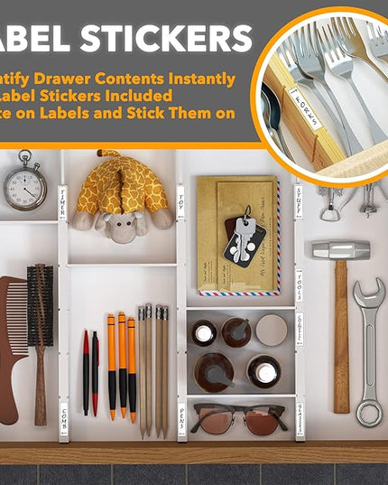 SpaceAid Bamboo Drawer Dividers with Inserts and Labels, Kitchen Adjustable Drawer Organizers, Expandable Organization for Home, Office, Dressers, 4 Dividers with 9 Inserts (17"-22" White)