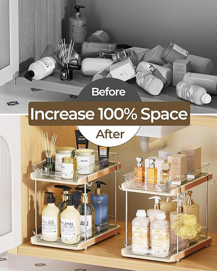 Delamu 2 Tier Bathroom Under Sink Organizers and Storage with Hook, Multi-Purpose Cabinet Drawers with Movable Dividers, Pull Out Organization for Countertop, Kitchen and Pantry(Wood Grain, 4 Pack)