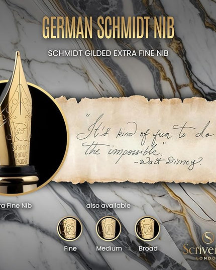 Scriveiner Silver Chrome Fountain Pen - Stunning Luxury Pen, Real Gold Finish, Schmidt Gilded Nib (Extra Fine), Best Gift Set for Men & Women Professional Executive Office Nice Designer Pen