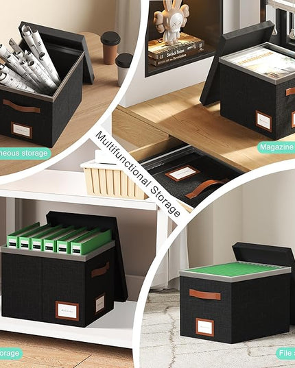 File Organizer Box with Lid File Box for Hanging Decorative File Organizer with One-Piece Integrated Plastic Slide Rail (Black, 13.2x10.1x10.1inch(2pack))