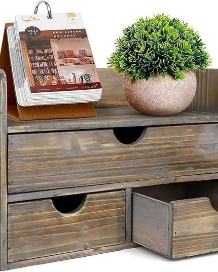 Besti Wooden Office Desk Organizer - Organizing Tool for Desktop, Cubicle, Bedroom, Kitchen - Vintage Style Organization Caddy with Top Tray Shelf & 3 Drawers - 13.6x9x7 Inches (Rustic)