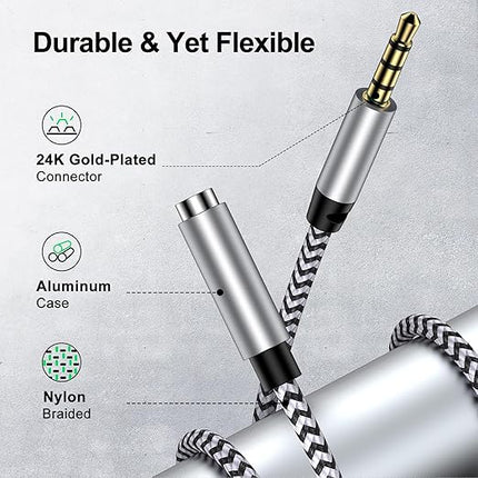 HOOTEK Headphone Extension Cable 6FT 3.5mm Male to Female Stereo Audio Extension Cable with Microphone Nylon Braided Aux Adapter Extender Cord for Headset iPhone iPad Smartphones Tablets Media Players