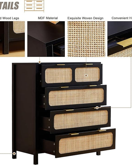 LEVNARY 4 Drawer Dresser for Bedroom, Rattan Dresser Drawers Storage Cabinet with Metal Handles, Wooden Chest of Drawers for Bedroom, Entryway, Living Room, Hallway (1, Black)