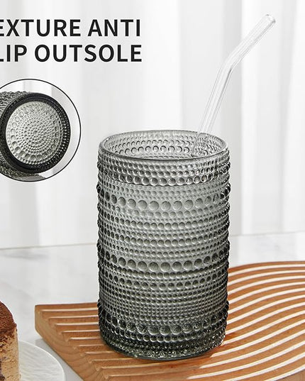 Vintage Hobnail Drinking Glasses Set of 12, 15oz Textured Tumblers - Embossed Grey Bar Glasses for Cocktails, Beer, Whiskey, Dishwasher-Safe Highball Cups for Kitchen, Juice & Mixed Drinks