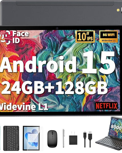 2026 Android Tablet with Keyboard, 24GB+128GB+2TB Expand, 10 inch Android 15 Tablet with Gemini AI, 8000mAh, BT 5.0, GMS Certified, 5G/2.4G WiFi, Tablets Pc with Mouse, Case, Stylus-Green Case