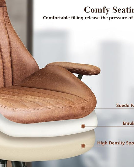 Mid Century Modren Office Chair,High Back Ergonomic Executive Chair with Lumbar Support, Computer Desk Swivel Task Chair with Wheels, Faux Lether Suede Fabric Home Chair (High Back, Brown)