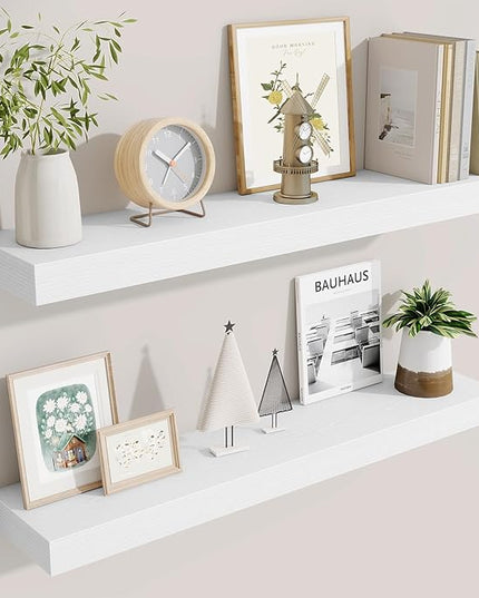 Fun Memories Bathroom Shelves 32 Inch Long Set of 2, Floating Shelves for Wall with Invisible Brackets, for Bedroom, Living Room, Kitchen, White