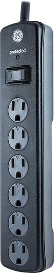 GE Surge Protector Power Strip, 8 Ft Extension Cord, 6 Outlet Extender, 1300 Joules, Flat Plug, Twist-to-Close Safety Covers, ETL Listed, Black, 33662