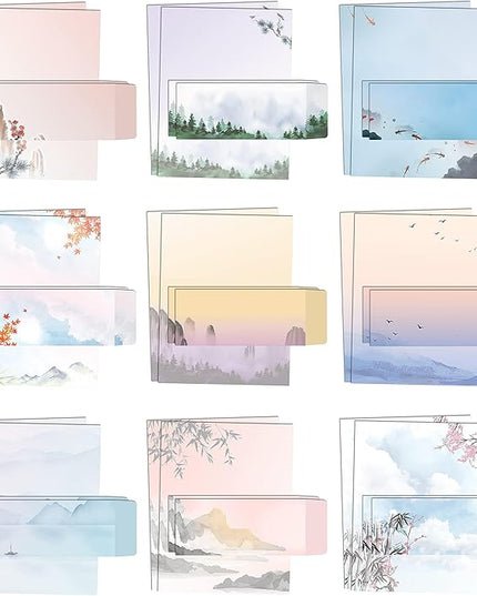 Better Office Products Japanese Watercolor Stationery Paper Set, 100 Piece Set (50 Sheets + 50 Matching Envelopes), Letter Size 8.5 x 11 inch, 9 Designs, Double Sided Printing Paper,