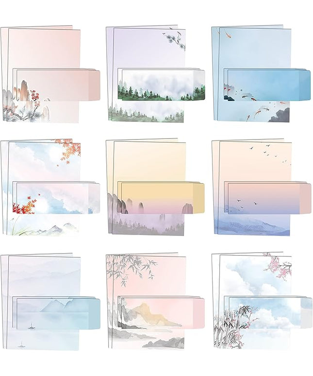 Better Office Products Japanese Watercolor Stationery Paper Set, 100 Piece Set (50 Sheets + 50 Matching Envelopes), Letter Size 8.5 x 11 inch, 9 Designs, Double Sided Printing Paper,