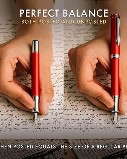 Wordsworth and Black Fountain Pen Mini EDC: Luxury Red Heavy Pocket Pen, Chrome Finish, Medium Nib, 6 Ink Cartridges, Ink Converter, Travel Refillable Writing Pen Gift Set, Men & Women