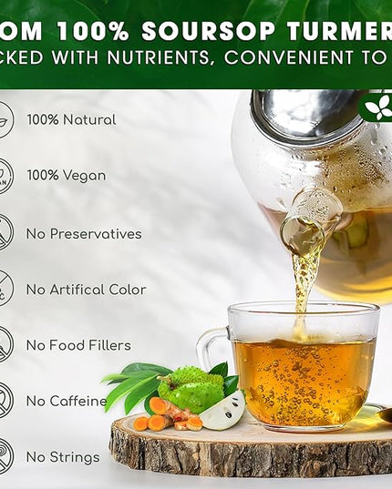 FreshDrinkUS, Premium 60 Soursop Turmeric Tea Bags, 100% Natural, Blend of Soursop Leaves, and Turmeric Root. Made with Natural Material Tea Bags. No Sugar, Vegan. | Premium, 100% Natural, No Sugar, Vegan