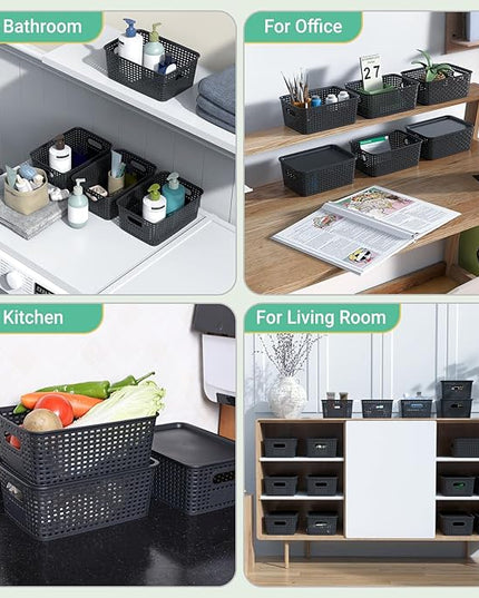 Plastic Storage Baskets with Lid-Plastic Storage Containers Stackable Storage bins: Storage Baskets for Organizing Shelves Drawers Desktop Closet Playroom Classroom Office, 8Pack-Black10.2x7.2x4.1Inch