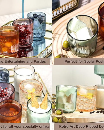 Drinking Glasses, Colored Highball Glasses Set of 6, Ribbed Glassware Glass Cups, Water Glasses for Juice, Iced Coffee Cups, Cocktail Glasses - Christmas Gifts - 8.5 oz