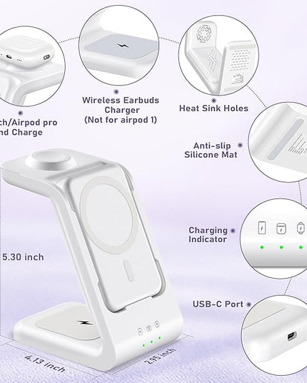 3 in 1 Wireless Charging Station: 5000mAh Removable Power Bank Charger Stand for Phone/Watch/Air Pods - Portable Magnetic Battery Pack for Air 17 16 15 14 13 12 Series White
