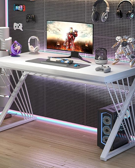 FOLUBAN White Desk, Modern Wood and Metal Computer Desk for Home Office, Simple Writing Work PC Desks for Bedroom, Industrial Study Gaming Table for Living Room, White, 47 Inch