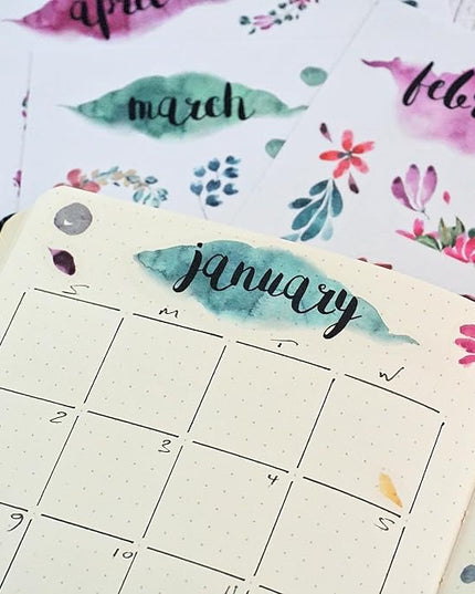 Transparent Monthly Planner Stickers - 12 Clear Sticker Sheets with Beautiful Watercolor Stickers & Undated Calendar Sticker Months - Planner, Scrapbooking and Journaling Supplies (Floral)