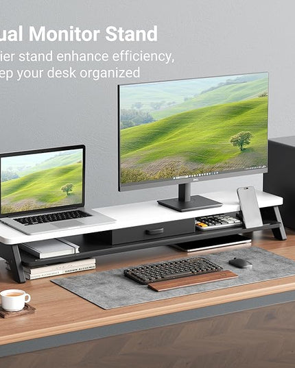 Dual Monitor Stand Riser,LED 2-Tier 39.3 Inch Computer Monitor Stand for 2 Monitors,Office Desktop Organizer with Storage Drawer and Phone Holder for Laptop,PC,Computer,Printer,White