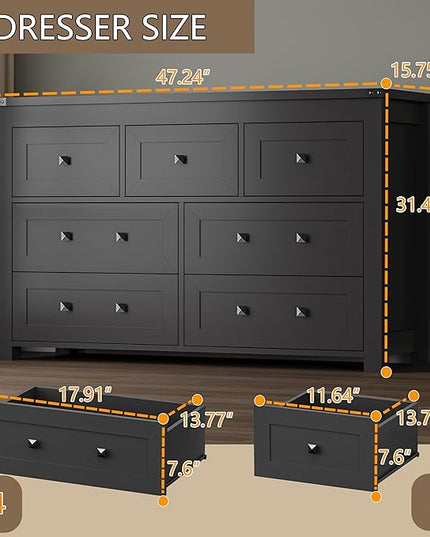 BORNOON 7-Drawer Dresser, Modern Wooden Storage Chest of Drawers, Dresser TV Stand, Wood Drawer Organizer with Metal Handles for Bedroom, Living Room, Hallway