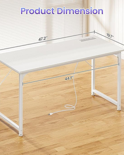 PRAISUN 47 X 20 Inch Office Computer Desk with Power Outlets and USB-C Port, Larger Gaming Desk, for Home Office, Study, Bedroom, Writing Work from Home Table, Metal Frame, White