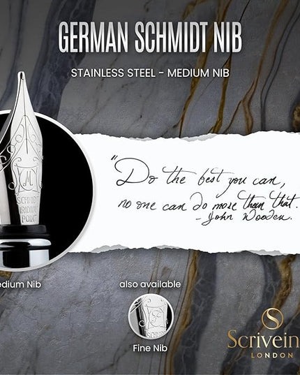 Scriveiner Midnight Blue Fountain Pen - Stunning Luxury Pen with Chrome Appointments, Schmidt Nib (Medium), Best Pen Gift Set for Men & Women, Professional, Executive, Office, Nice Pens