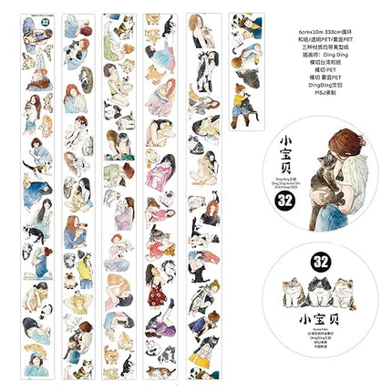 DingDing Vol9-32 My Pet Baby,Pre-Cut Washi Paper PET Tape Stickers,Original Design Vintage Girls&Cute Pets Playing,for Scrapbook Supplies,Scrapbook Tape, Journaling Stickers,Bullet Journals
