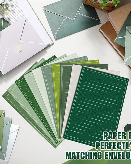 TaoBary 160 Packs Stationery Paper Set (50 Double Sided Stationery Writing Papers 50 Matching Envelopes) 60 Round Dot Sticker, 10 Design (5.5 x 8.25 Inch,Sage Green Color)