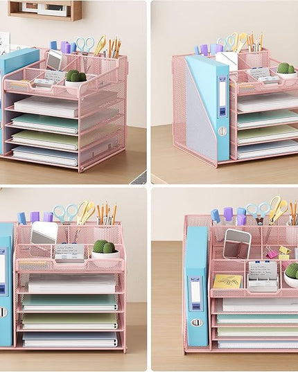 Lavatino Desk Organizer, 5-Tier Metal Mesh Paper Letter Tray with File Holder & 7 Flexible Dividers for Office or Home Desk Organizers and Accessories, Keep Workspace Supplies Neat & Organized, Pink