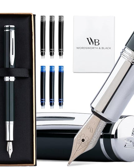 Wordsworth and Black Fountain Pen Mini EDC: Luxury Green Heavy Pocket Pen, Chrome Finish, Medium Nib, 6 Ink Cartridges, Ink Converter, Travel Refillable Writing Pen Gift Set, Men & Women
