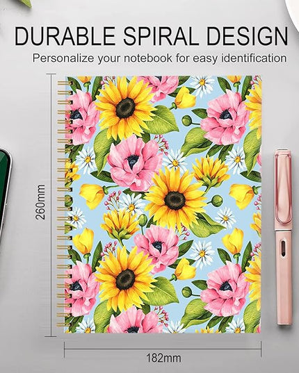 Spiral Journal Notebook for Women,A5 College Ruled Notebooks 6"x 8.4",120 Pages Lined Journal with Premium Thick Paper,Perfect for School Office Home Gifts(Sunflower Daisy)