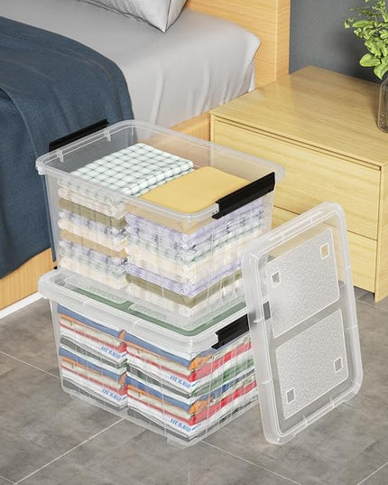 Zopnny 30 Quart Plastic Stacker Box, Large Storage Bin Container with Latching Lids and Wheels for Home and Garage Organizing, Shoes, Tools, Clear Base, 4-Pack