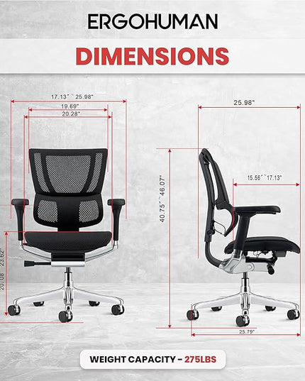 Ergohuman Eurotech ME3ERG-XTREME Mid Back Mesh Office Chair with Tilt Tension Control, Tilt Lock, Back Angle, Back Height, Synchro Tilt, Seat Height, Seat Depth, and Arm Height Adjustments