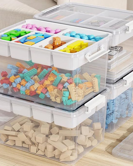 160Qt Large Stackable Storage Bins with Lids & Trays, Clear Plastic Latching Boxes Organizers with Dividers Portable 40Gal Containers for Arts & Crafts, Home and Car Trunk Organization, 4Pack